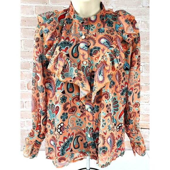 Polo Bonetta Long Sleeve Blouse Ruffle Fall Colors Glitter Buttons Women S/M New - Picture 4 of 12